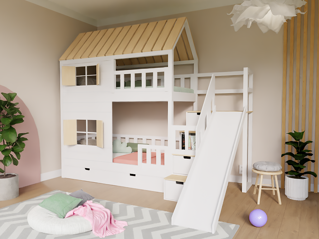 WoodPassion Domečková patrová postel CHALOUPKA se skluzavkou a úložnými schody 90x200 cm Zvolte barvu: Bílá - Přírodní, Zvolte šuplík: Dvojitý úložný…